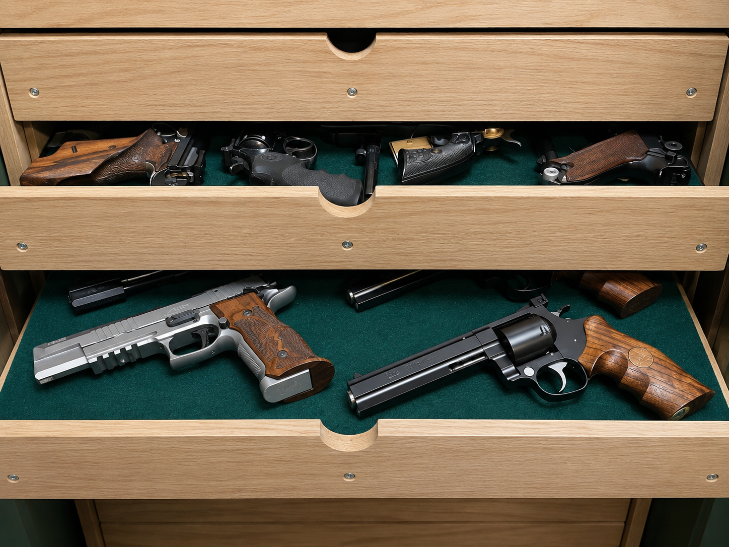 Kurzwaffen mit Holzgriffschalen in ausgezogenen Schubladen